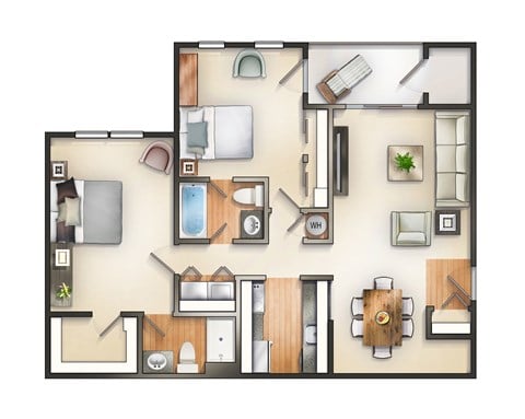 Floor plan for 2 beds, 2 baths, 1021 sqft